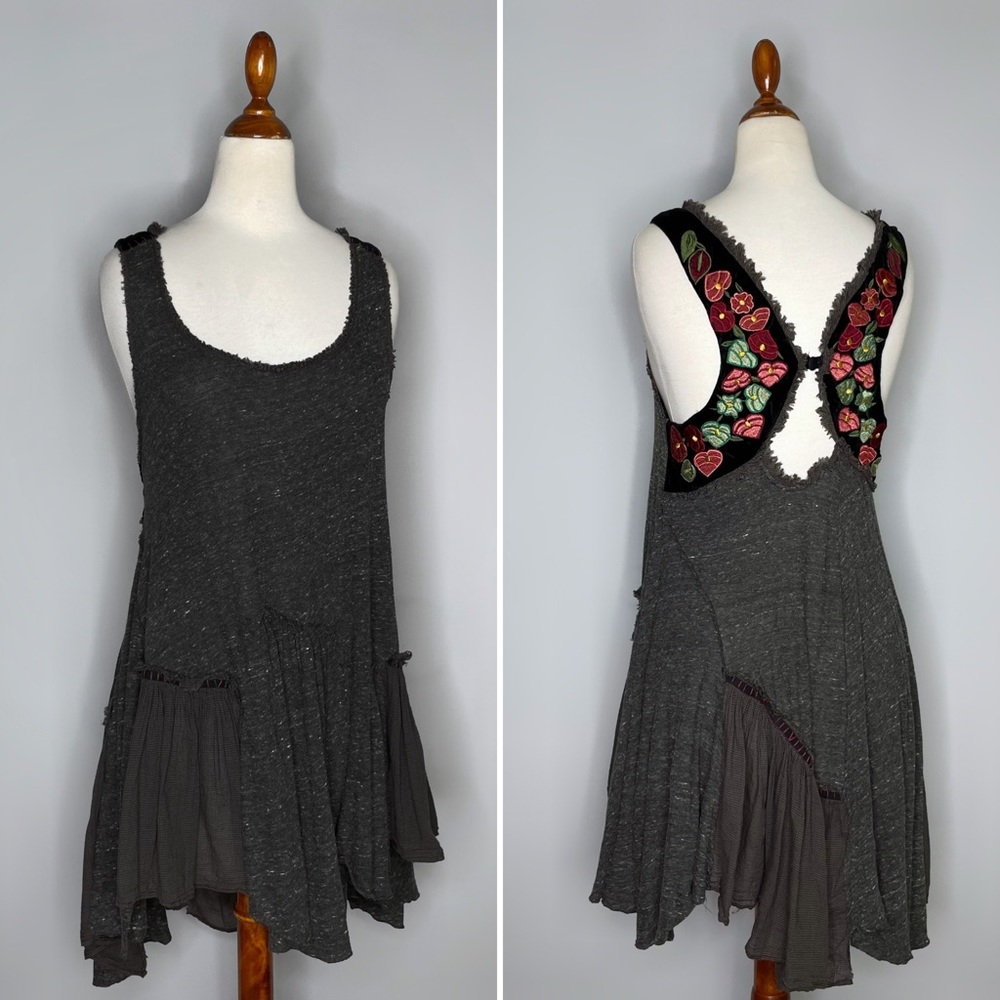 Free People Rare Grey Asymmetric Tunic Tank Velvet Embroidered Size Small
